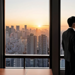 **Prompt:** A professional Japanese lawyer (弁護士) stands in a modern, high-rise office, looking out at a bustling city skyline during sunset. The atmosphere is reflective yet ambitious, conveying a sense of quiet determination for career growth and greater market value. The lighting is warm and golden, highlighting a sleek, minimalist desk in the foreground. Realistic, cinematic quality.