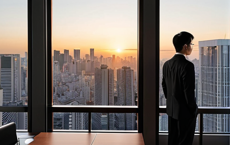 **Prompt:** A professional Japanese lawyer (弁護士) stands in a modern, high-rise office, looking out at a bustling city skyline during sunset. The atmosphere is reflective yet ambitious, conveying a sense of quiet determination for career growth and greater market value. The lighting is warm and golden, highlighting a sleek, minimalist desk in the foreground. Realistic, cinematic quality.