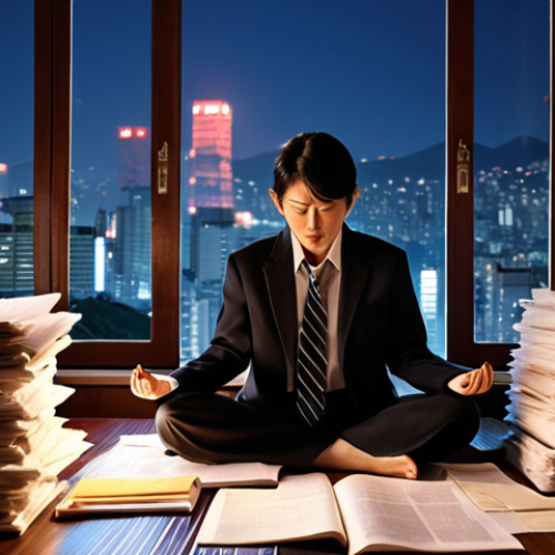 **

A stressed-out Japanese lawyer surrounded by piles of legal documents, working late at night. The scene emphasizes burnout and the struggle for work-life balance. Yoga mat visible in corner. Soft, diffused lighting to highlight exhaustion. Japanese cityscape visible through the window.

**