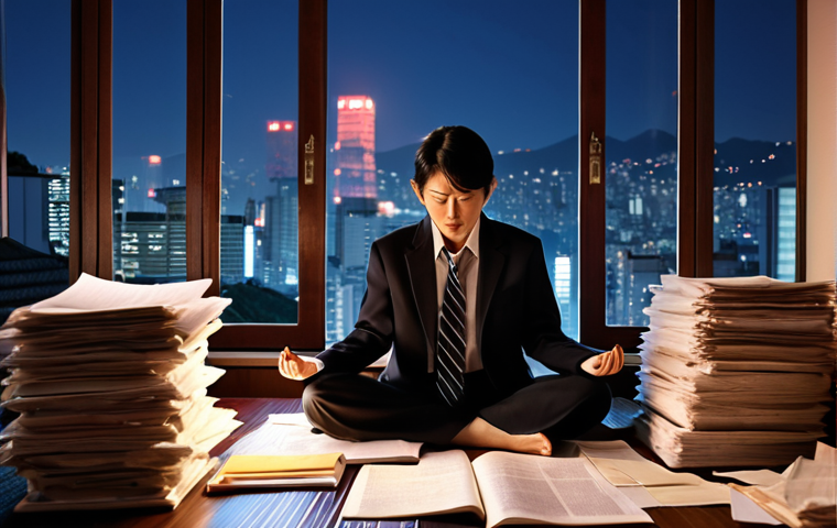 **

A stressed-out Japanese lawyer surrounded by piles of legal documents, working late at night. The scene emphasizes burnout and the struggle for work-life balance. Yoga mat visible in corner. Soft, diffused lighting to highlight exhaustion. Japanese cityscape visible through the window.

**