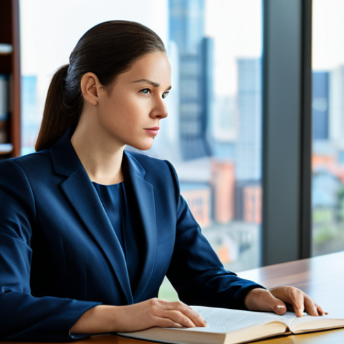 A professional female lawyer in a modest business suit, seated at a polished desk in a contemporary law office. She is attentively focused on a large monitor displaying complex legal data and AI analysis, with a traditional leather-bound law book open beside her. The background shows blurred bookshelves filled with legal texts and a modern cityscape view through a large window. The atmosphere is intellectual and sophisticated. fully clothed, modest clothing, appropriate attire, professional dress, safe for work, appropriate content, professional, perfect anatomy, correct proportions, natural pose, well-formed hands, proper finger count, natural body proportions, professional photography, high quality.