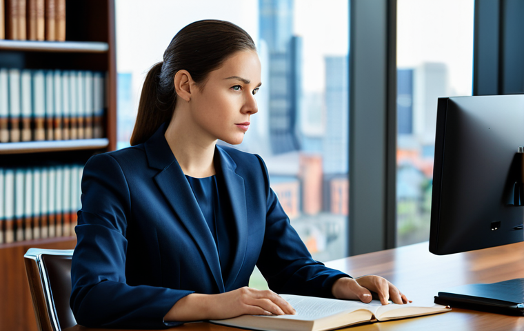 A professional female lawyer in a modest business suit, seated at a polished desk in a contemporary law office. She is attentively focused on a large monitor displaying complex legal data and AI analysis, with a traditional leather-bound law book open beside her. The background shows blurred bookshelves filled with legal texts and a modern cityscape view through a large window. The atmosphere is intellectual and sophisticated. fully clothed, modest clothing, appropriate attire, professional dress, safe for work, appropriate content, professional, perfect anatomy, correct proportions, natural pose, well-formed hands, proper finger count, natural body proportions, professional photography, high quality.
