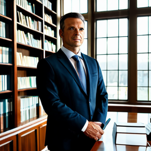 **

A professional lawyer in a modest business suit, standing confidently in a modern law office. Sunlight streams through a large window, illuminating bookshelves filled with legal texts. Fully clothed, appropriate attire, safe for work, perfect anatomy, natural proportions, professional photography, high quality, professional, family-friendly.

**