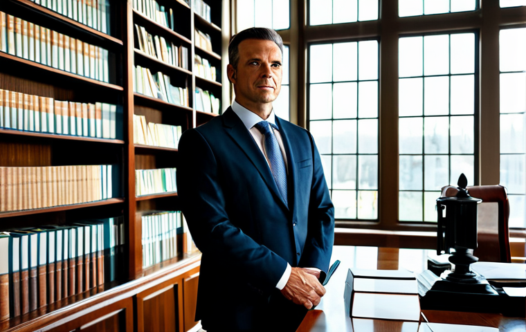 **

A professional lawyer in a modest business suit, standing confidently in a modern law office. Sunlight streams through a large window, illuminating bookshelves filled with legal texts. Fully clothed, appropriate attire, safe for work, perfect anatomy, natural proportions, professional photography, high quality, professional, family-friendly.

**