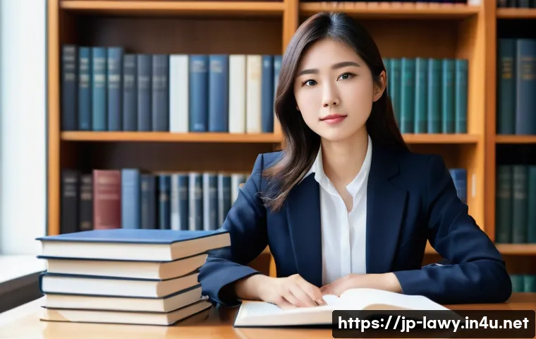 변호사 해외 연수 경험담 - **Prompt:** A focused young Japanese female lawyer, around 20s-30s, dressed in a smart business casu...