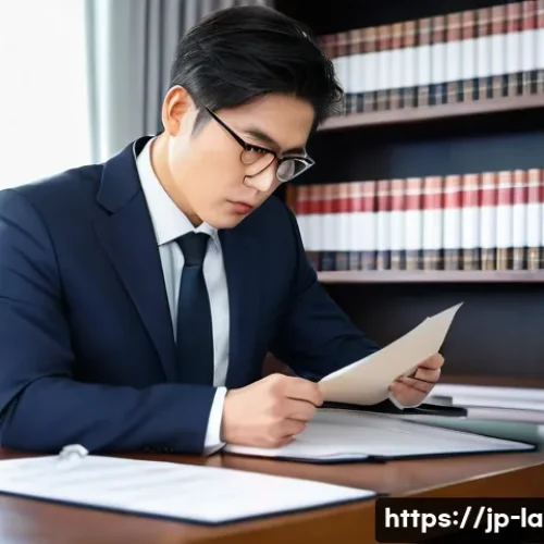 변호사 전문 분야 선택 가이드 - A professional Japanese lawyer in a modern office setting, wearing a dark business suit and white sh...