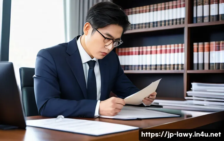 변호사 전문 분야 선택 가이드 - A professional Japanese lawyer in a modern office setting, wearing a dark business suit and white sh...