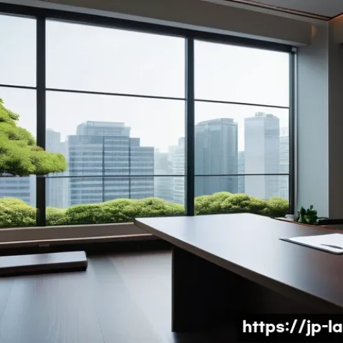 변호사 수익 증대를 위한 팁 - A modern Japanese law office interior with a focused lawyer specializing in intellectual property la...