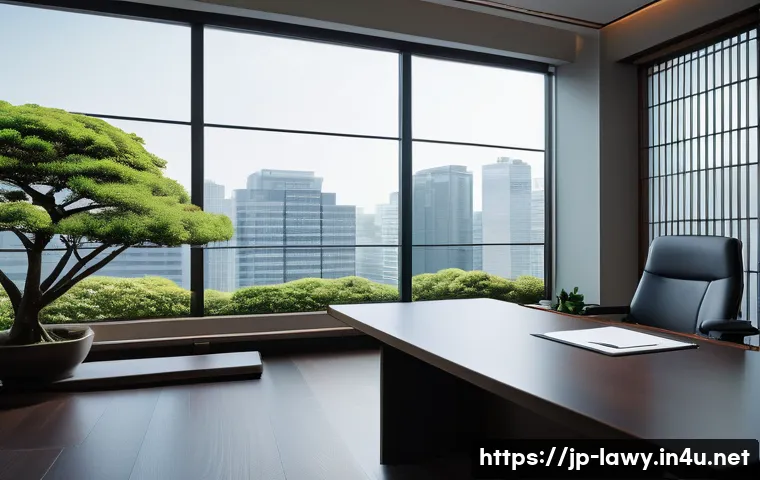 변호사 수익 증대를 위한 팁 - A modern Japanese law office interior with a focused lawyer specializing in intellectual property la...