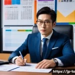 변호사로서의 시간 관리 전략 - A modern Japanese lawyer’s office scene showing a professional man in his 30s wearing a crisp busine...