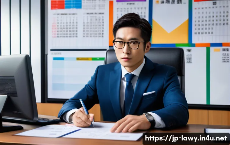 변호사로서의 시간 관리 전략 - A modern Japanese lawyer’s office scene showing a professional man in his 30s wearing a crisp busine...