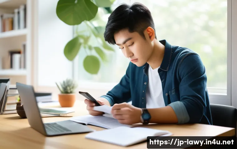 변호사 자격증 취득 방법 - A focused young Japanese law student studying efficiently at a modern desk in a bright room, surroun...