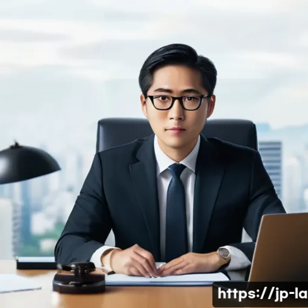 변호사로서의 직업 안정성 - A modern Japanese lawyer in a sleek office setting, wearing a professional dark business suit and gl...