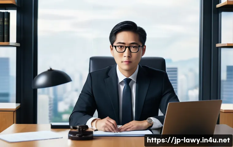 변호사로서의 직업 안정성 - A modern Japanese lawyer in a sleek office setting, wearing a professional dark business suit and gl...