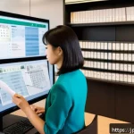 변호사와 법률 소송 관리 시스템 - A modern Japanese law office scene showing a professional woman in smart business attire interacting...