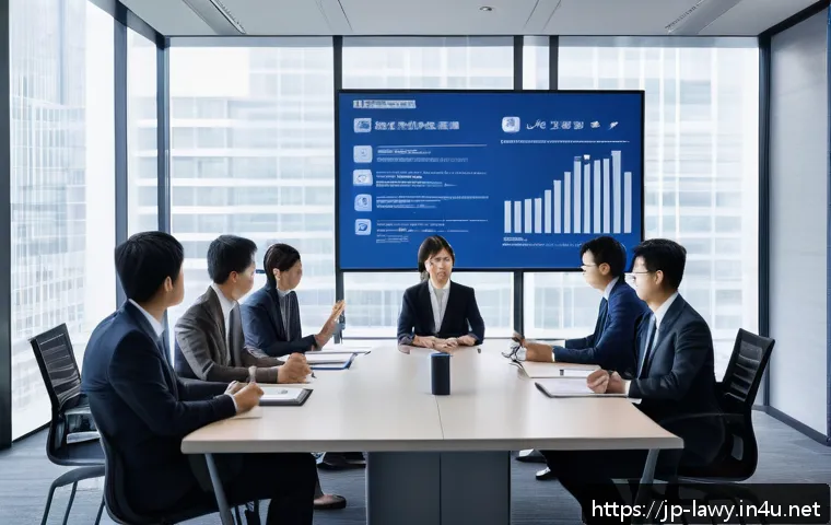 변호사로서의 전문 컨설팅 시작 - A modern Japanese corporate office scene showcasing a diverse group of professionals engaged in a de...