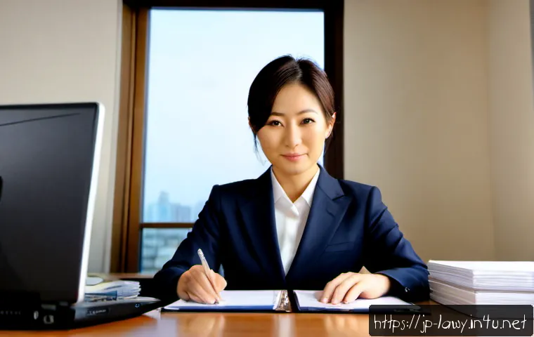 변호사 경력 중단 후 복귀 사례 - Photorealistic Japanese female lawyer in her late 40s returning to work after a career break, seated...